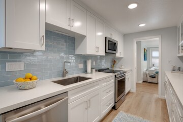 A bright, modern kitchen with light blue subway tile backsplash and crisp white cabinets creates a clean and airy space.