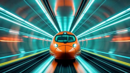 High speed orange bullet train racing through glowing neon tunnel with dynamic motion blur and futuristic transport technology concept - Powered by Adobe