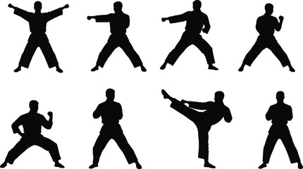 Martial arts silhouettes, karate taekwondo poses, high kicks, punching stances, defensive movements, training illustration, combat practice, fitness exercise, martial discipline