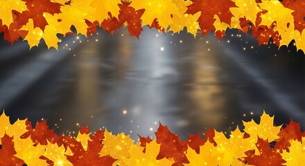 Golden and amber autumn leaves frame a dramatic, shimmering background, creating an inviting seasonal border perfect for fall promotions, festive events, or elegant seasonal greetings