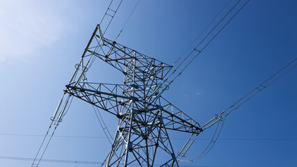 Steel Lattice Power Pylon with Overhead Electricity Cables