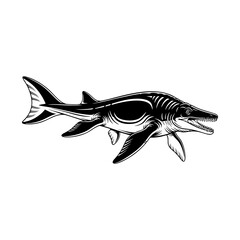 Black and white vector illustration of the prehistoric fish Mosasaurus. Plain white background.