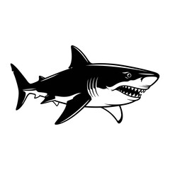 Black and white vector illustration of the prehistoric fish Megalodon. Plain white background.