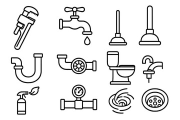 Fototapeta premium Plumbing service icon set. Line icons for plumber, repair, and maintenance. Vector collection with pipe, wrench, faucet, toilet, plunger, valve, drain, and water leak symbols.