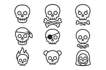 Skull icon set. Pirate jolly roger, death danger symbol collection. Grim reaper, fire flame, angry face. Outline vector heads, bones. Editable stroke pictogram bundle for web.