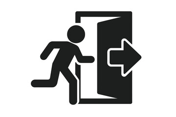 Exit symbol icon of a running man. Emergency exit door sign. Concept for escape, way out, evacuation, and safety. Black silhouette pictogram vector illustration warning.