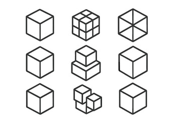 Cube line icon collection. Set of 3D geometric box shapes. Abstract block and square symbols for logo, data, or technology concepts. Minimalist isometric vector signs.