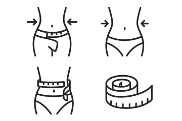 Weight loss icon set with slim waist and measuring tape. Body measurement for diet and fitness concept. Line icons for losing weight, flat belly, and body shaping vector.