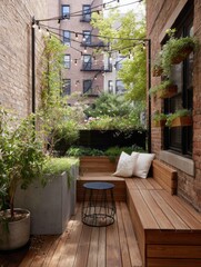 A charming, urban courtyard boasts a cozy wooden seating area surrounded by lush greenery and string lights.