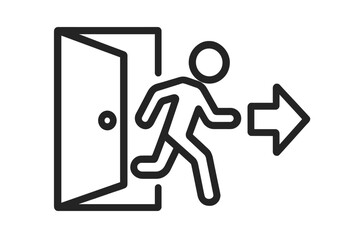 Emergency exit symbol. Man running through an open door icon. Evacuation route and fire escape sign. Safety and public information pictogram. Way out concept vector illustration.