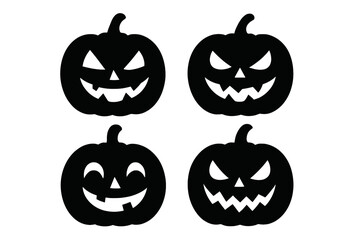 Set of black Halloween pumpkin silhouettes. Jack o'lantern faces with scary, evil, and happy expressions. Spooky vector icon collection for horror or autumn holiday design.
