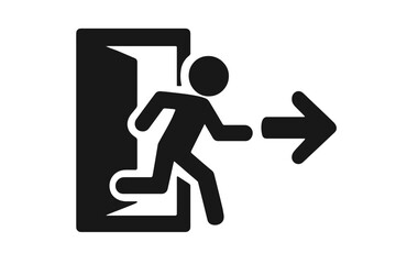 Exit symbol with running man silhouette icon. Vector illustration of a person escaping through a doorway. Emergency evacuation sign. Safety, fire escape, and direction concept.