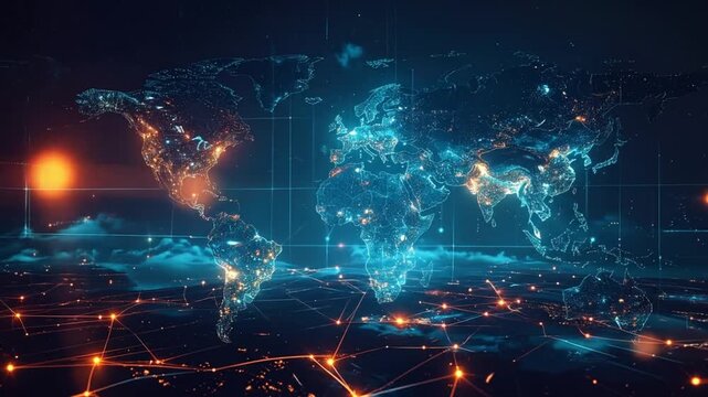 Digital World Map Illustrating Global Communication and Network Connections