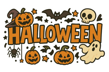 Halloween lettering vector cartoon illustration set. Spooky cute icons like pumpkin, ghost, bat, skull, spider. Banner design element with transparent background.