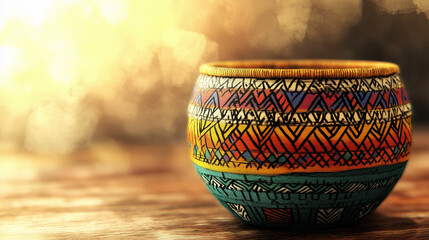 Decorative ceramic bowl with colorful tribal patterns on wooden surface  