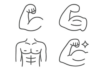 Muscles and torso line icon set. Bicep flex, strong arm, and chest abs outline vector. Editable stroke symbols for fitness, gym, workout, and bodybuilding power. Simple linear man body illustration.
