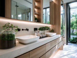 A modern bathroom boasts natural tones, showcasing a double vanity with light-colored stone countertops and wood cabinetry, complemented by greenery and natural light.