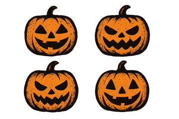 Halloween pumpkin grunge icon set with spooky carved faces, vintage style Halloween vector cartoon illustration, orange jack-o'-lanterns with textured effects, seasonal autumn decoration design