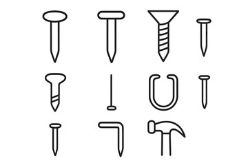 Nail and screw icon set. Simple linear image collection of hardware tools. Vector line art for construction, carpentry, and repair. Hammer, staple, and fastener outline icons.