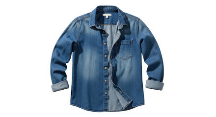 Classic blue denim long-sleeve shirt with rolled cuffs and open collar, featuring a front pocket and brown buttons, isolated on a clean white background for fashion and apparel design projects.