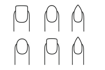 Manicure nail shapes guide. Vector icon set of different fingernail forms. Types chart for beauty salon includes square, oval, stiletto, almond, and squoval. Line art.