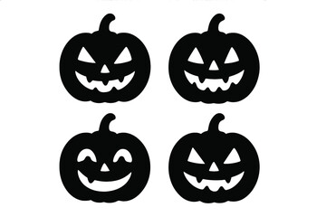 Halloween pumpkin icon set in grunge style, vector cartoon illustration with spooky and funny jack-o'-lantern faces, transparent background, festive autumn decoration, horror and celebration theme