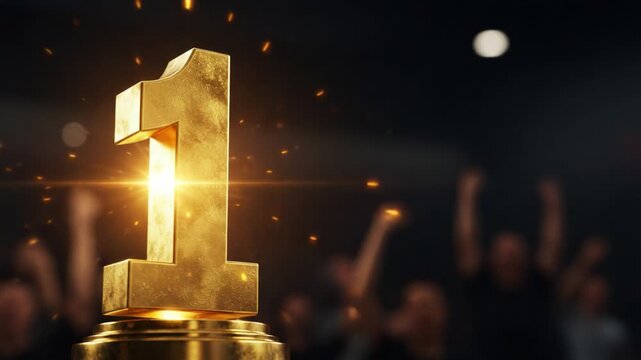 Celebrating Victory: A Gleaming Golden Number One Trophy Shines Brightly Amidst Cheerful Fans, Symbolizing Achievement and Triumph in Every Competition