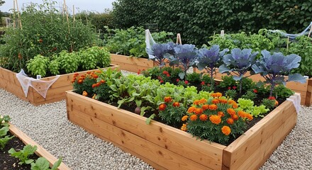 A vibrant raised garden bed overflowing with lush green lettuce, vibrant orange marigolds, and deep purple cabbages, showcasing a bountiful autumn harvest in a well-maintained garden