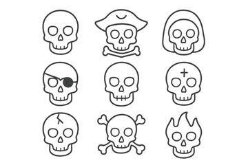 Skull thin line icon set. Pirate, grim reaper, flaming head, poison symbol and crossbones. Vector illustration for Halloween. Danger, Jolly Roger, death, occult and tattoo.