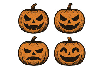 Halloween pumpkin icons set in silhouette style, spooky and cute carved jack-o'-lantern faces, vector cartoon illustration with transparent background, autumn holiday decoration
