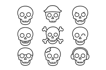 Skull icon set with editable stroke. Thin line art vector graphics. Cartoon heads for Halloween. Pirate crossbones, soldier, angry, smile, wink. Death symbol for web & apps.