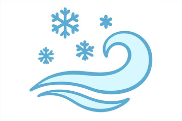 Cold winter wind blowing snowflakes. Weather symbol for blizzard, frost, and chilly air. Flat vector cartoon illustration isolated on a white background. Concept of season.