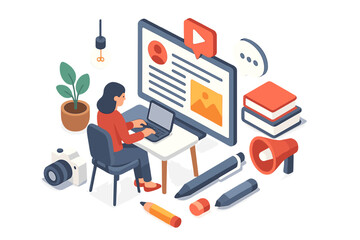 Content creation isometric concept. Blogger or vlogger at work. Social media manager. Woman working on laptop. Digital marketing. Freelance writer, journalist at desk.