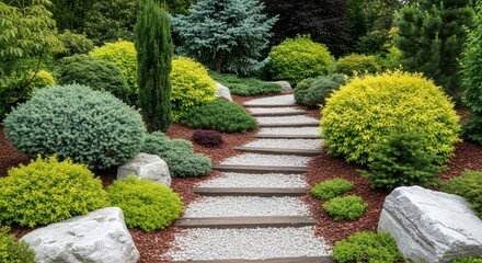Serene Garden Path A Lush Landscape of Greenery and Stone Steps