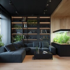 A modern living room, featuring dark gray sectional sofa, elegant dark cabinetry, and a sophisticated aquarium, bathed in warm, ambient lighting.
