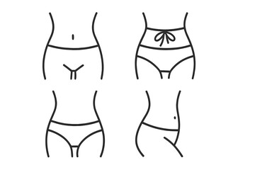 Woman waist and hips line icon set. Female body figure in underwear. Vector symbols for diet, weight loss, fitness, beauty. Slim body, bikini area, and belly contour.