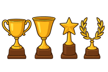 Gold trophy and awards vector icon set. Golden cups for first place. Champion prize, winner concept. Victory symbol collection. Star and laurel wreath. Cartoon illustration.