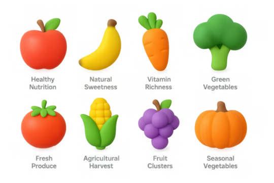 Colorful 3d render of various fruits and vegetables with text labels