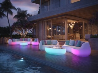 Modern outdoor furniture set, lit by vibrant LED lights, creates a stylish ambiance around a poolside patio.