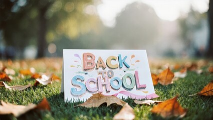 Hand Drawn Back to School Pastel Letters on Grass, Park Trees and Bokeh Cheerful Autumn Background