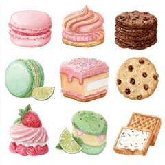 set of cakes isolated on white, watercolor cookies illustrations different tastes 