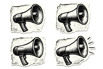 Halftone loudspeaker collage elements. Grunge punk rock megaphone sticker on torn paper scrap. Vector illustration for protest, propaganda, or announcement. Communication concept.