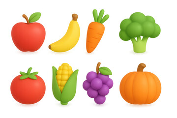 Colorful 3d fruit and vegetable icons with vibrant designs for healthy food concepts