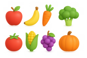 Colorful 3d fruit and vegetable icons with vibrant designs for healthy food concepts