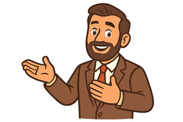 Obraz premium Businessman character presentation vector. Friendly cartoon manager in suit making a welcome gesture. Professional spokesperson mascot for business, advertising, or marketing.