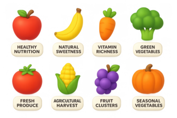 3d icon set: fresh fruits and vegetables with health benefits