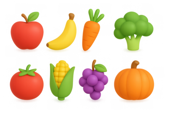 Colorful 3d fruit and vegetable icons with vibrant designs for healthy food concepts