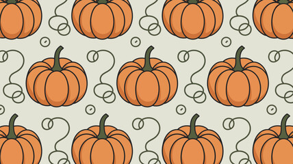 A seamless pattern featuring orange pumpkins with green stems and curly vines on a light background