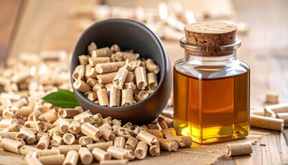 Wood pellets and oil on wood surface