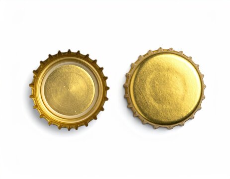 Two golden bottle caps, one inside-out, displayed against a stark white backdrop.  The caps exhibit a slightly textured surface